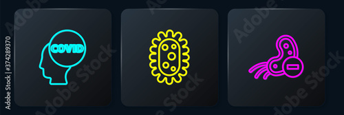 Set line Corona virus covid-19, Negative and Virus. Black square button. Vector.
