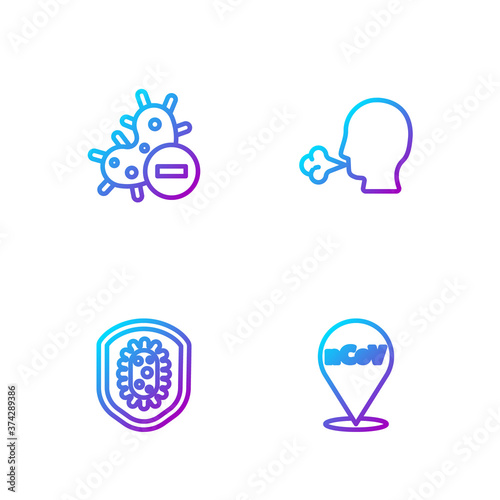 Set line Corona virus 2019-nCoV on location, Shield protecting from, Negative and Man coughing. Gradient color icons. Vector.