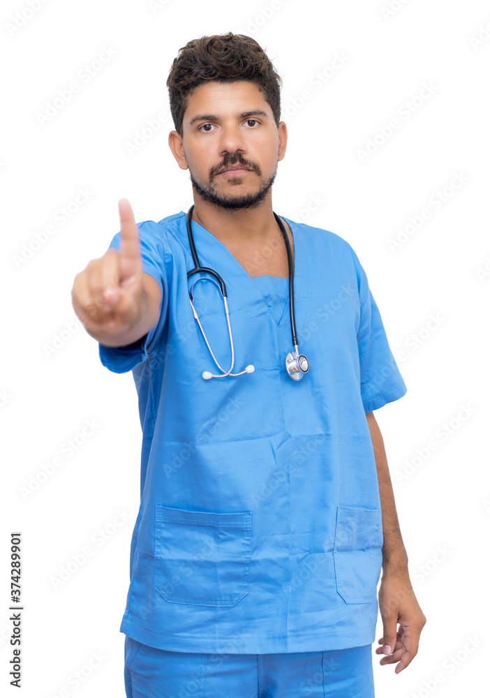 Hispanic male nurse with beard recommending social distance and stay at home Hispanic male nurse with beard recommending social distance and stay at home
