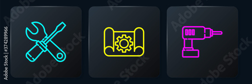Set line Screwdriver and wrench spanner, Electric drill machine and Graphing paper gear. Black square button. Vector.