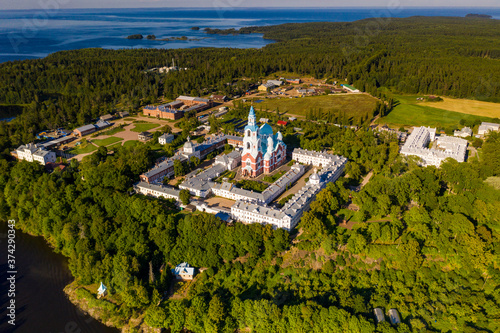 the ancient monastery of Valaam and nearby skerries filmed from a drone
