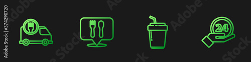 Set line Coffee cup to go, Fast delivery by car, Cafe and restaurant location and Clock 24 hours. Gradient color icons. Vector.