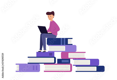 The student is learning. large pile of books on them sits young man with laptop. Vector illustration in modern flat design.