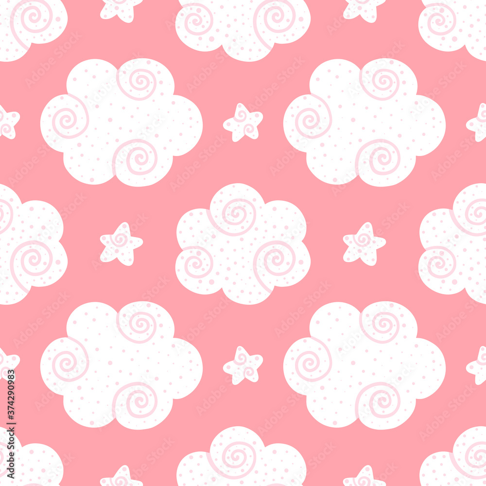 Cute dreamy pink vector seamless pattern background with doodle clouds and stars decorated with swirls and dots for kids, children design. Cute dreamy pink vector seamless pattern background with doodle clouds and stars decorated with swirls and dots for kids, children design.
