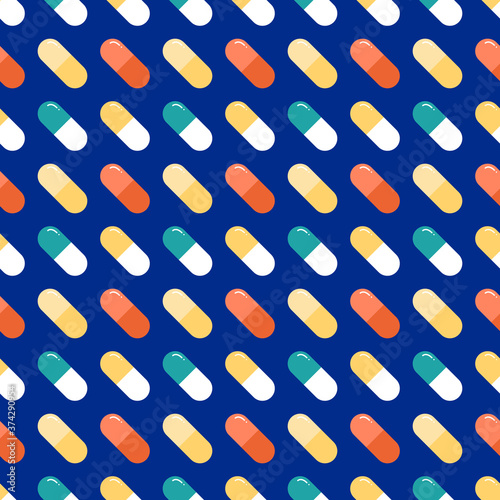 Vector seamless pattern background with colorful pills, vitamins, food suppliments for pharmacy design.