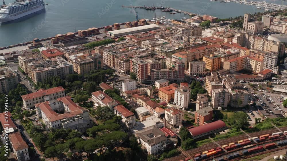 Aerial of beautiful Italian coastal city. Shot in La Spezia in Italy Aerial of beautiful Italian coastal city. Shot in La Spezia in Italy
