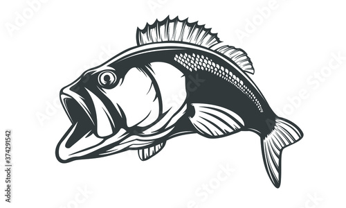 Fishing bass logo. Bass fish with rod club emblem. Fishing theme illustration. Fish Isolated on white.