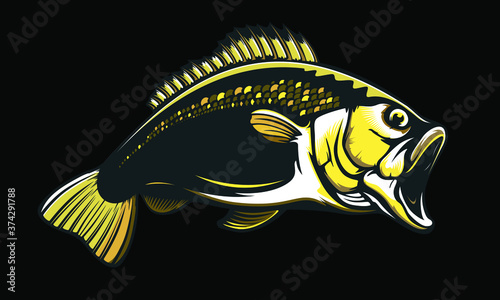 Fishing bass logo. Bass fish with rod club emblem. Fishing theme illustration. Fish Isolated on white.