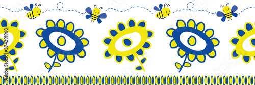 Cute childlike drawing of flowers and kawaii style bees vector border. Banner of yellow, cobalt blue scribbled florals and flying insects bugs on white backdrop. Hand drawn design. For ribbon, edging