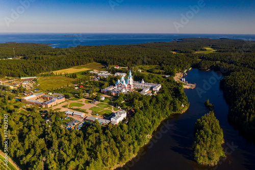 the ancient monastery of Valaam and nearby skerries filmed from a drone