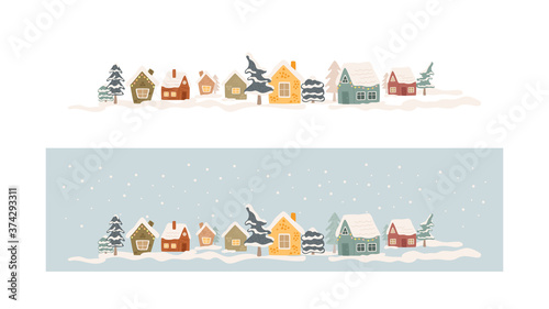 Set of winter cozy houses in flat style. Abstract Christmas trees. Colored huts collection on white and blue background with snow. Vector illustration.  © Marina