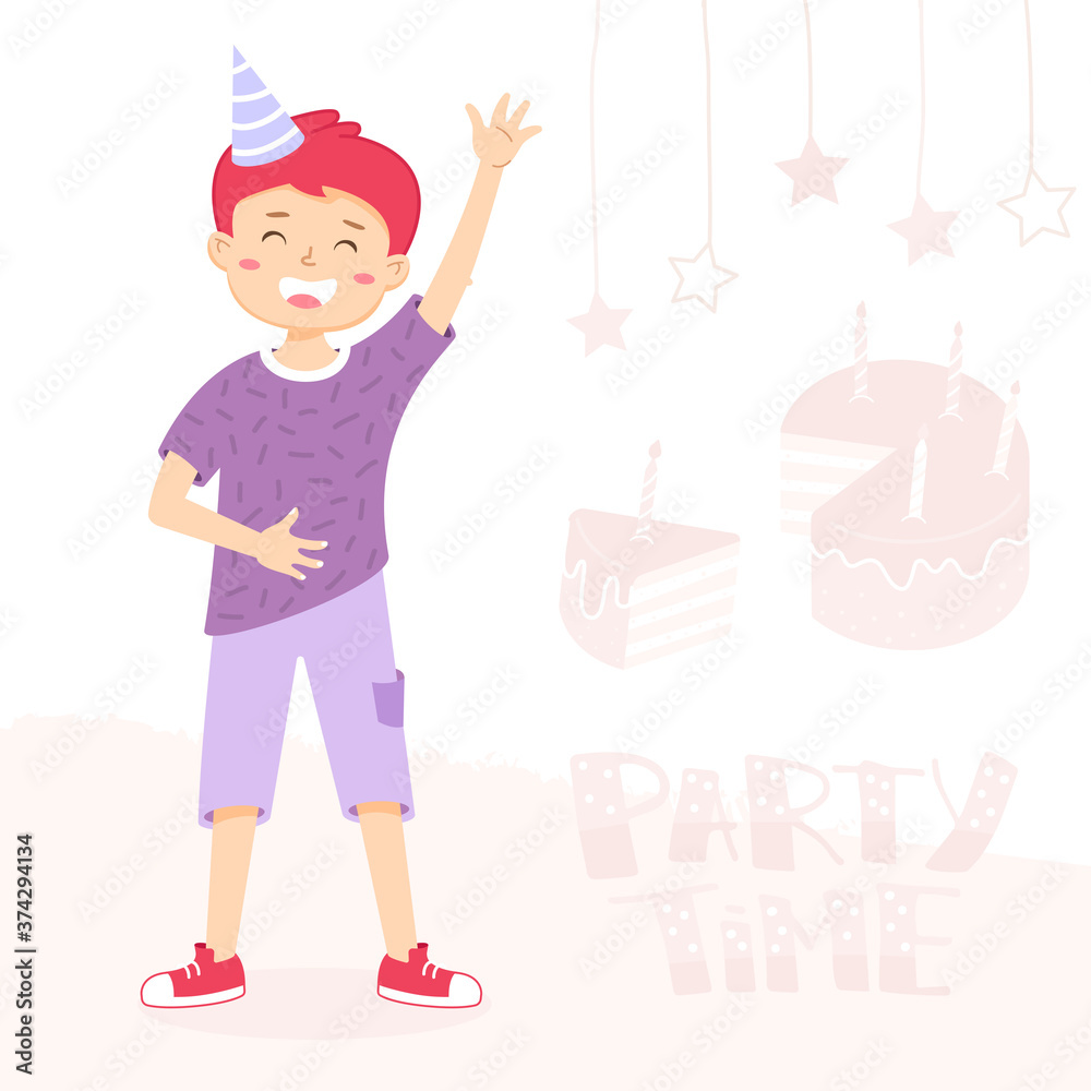 Boy is waving by hand and smiling. Welcome sign for the party. Birthday invitation Boy is waving by hand and smiling. Welcome sign for the party. Birthday invitation