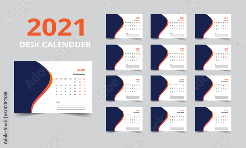 Desk calendar design 2021 template Set of 12 Months, Week starts Monday, Stationery design, calendar planner
