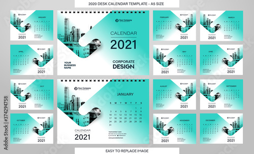 Desk Calendar 2021 template - 12 months included - A5 Size