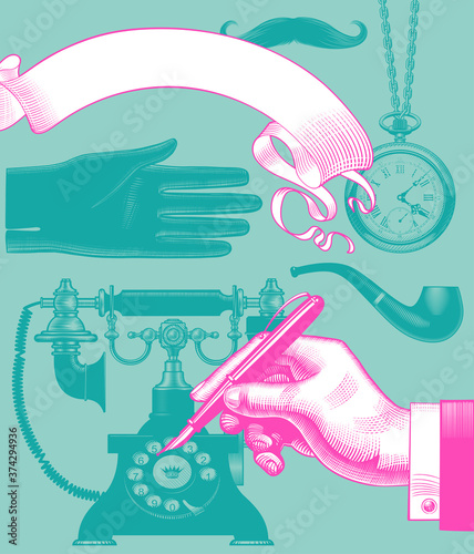 Man's hand with pen and set of retro business accessories and items. Vintage engraving stylized drawing in green and pink and design concept. Vector 
illustration