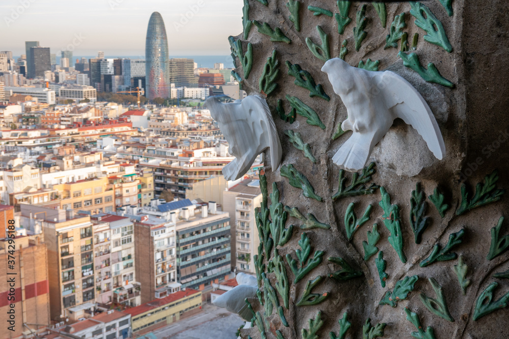 View of Barcelona from the tower of the Nativity facade of the Sagrada Familia, Barcelona, Spain