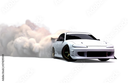 White Sports Car Drifting with Smoke. 3D Rendering Isolated on a White Background.