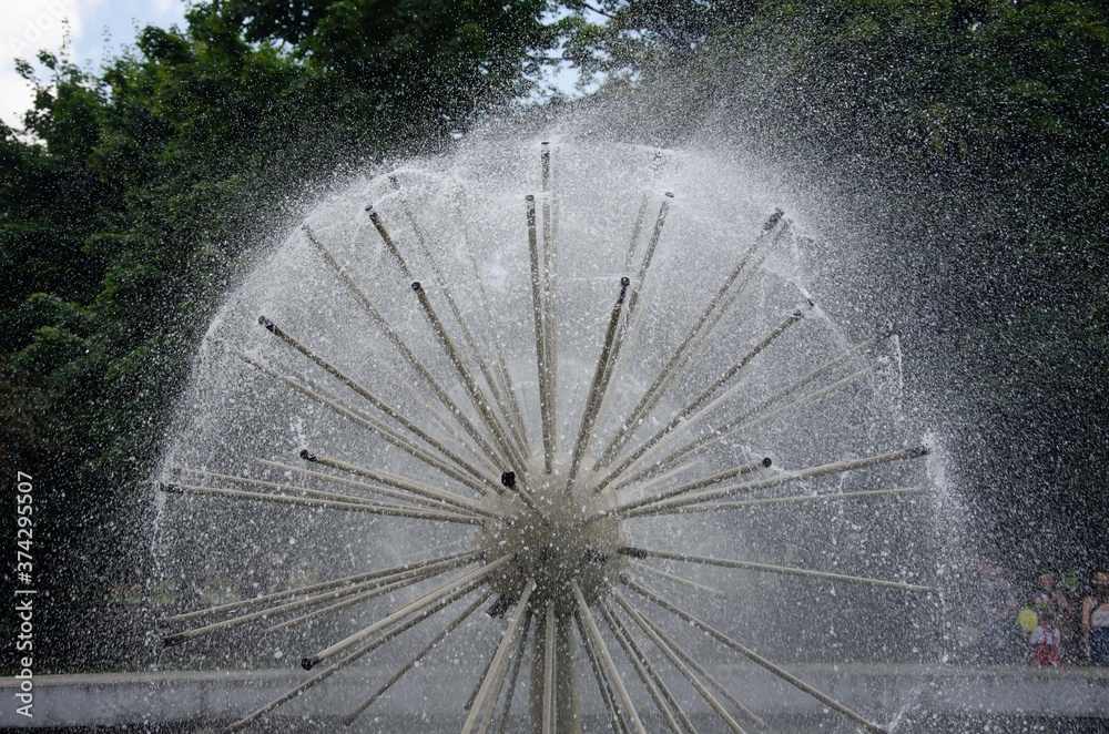 Fountain ball. Water jets in the shape of a dandelion.