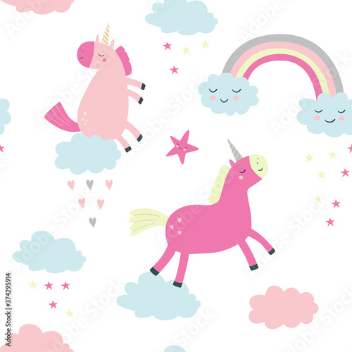 Children's pattern with unicorns, clouds, stars, hearts. Vector seamless pattern for children. For wallpaper, textiles, fabric, paper.