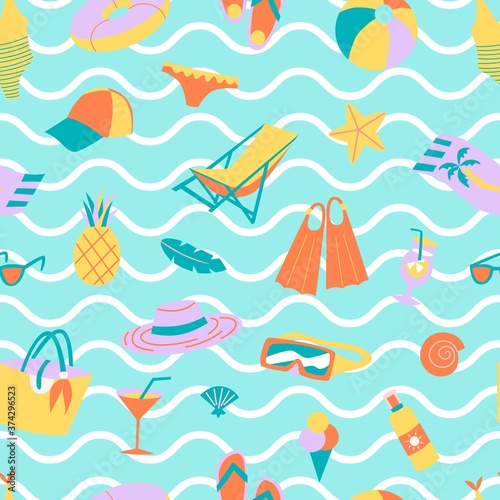 Seamless pattern with waves and beach holiday elements.
