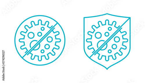 Antibacterial formula stamp - shield or prohibit sign with crossed bacterie inside - vector emblem for antiseptic cosmetics and medical products - crossed out virus icon in line style