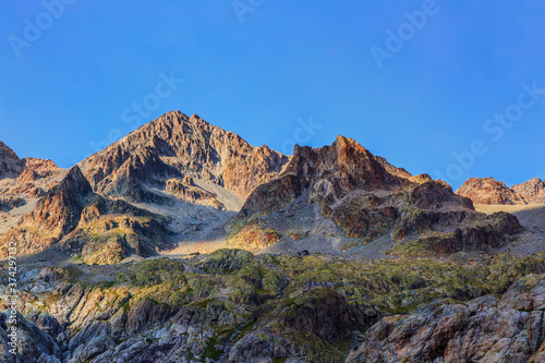 Beautiful view of the alpine peaks of Montagne des Agneaux at dusk near the Glacier Blanc in the Ecrins Massif in the southern French Alps