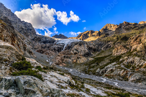 Summer 2019 image of the southern part of the Galcier Blanc (2542m) located in The Ecrins Massif in the French Alps © Provisualstock.com