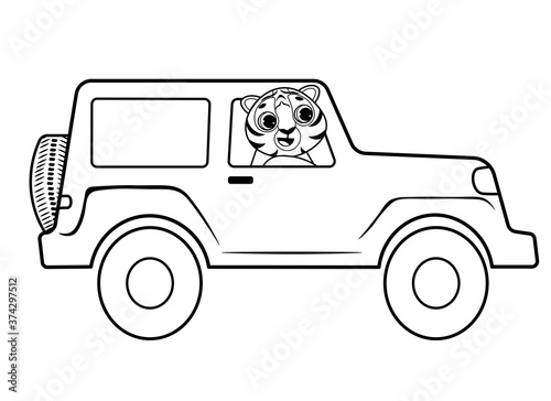 Coloring page outline of cartoon off road car with animal. Vector image on white background. Coloring book of transport for kids.