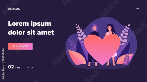 Cheerful female gay couple holding red heart. Homosexual women, LGBT, lesbian flat vector illustration. Relationship, love, marriage concept for banner, website design or landing web page
