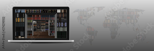 Online library concept. Library bookshelves inside a laptop. Distance learning. Banner with place for text. Vector illustration