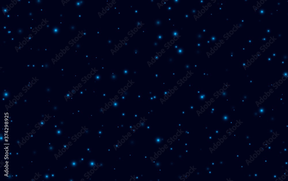 Blue sparkles on a dark blue background, fireflies flying in the night. Abstract lightning bugs in the evening sky. Glowing stardust light effect. Vector backdrop.