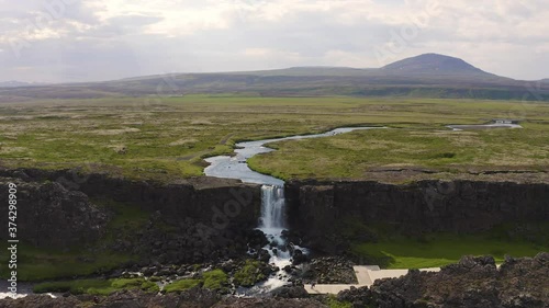 Flying over the Oxarafoss Waterfall in Iceland
