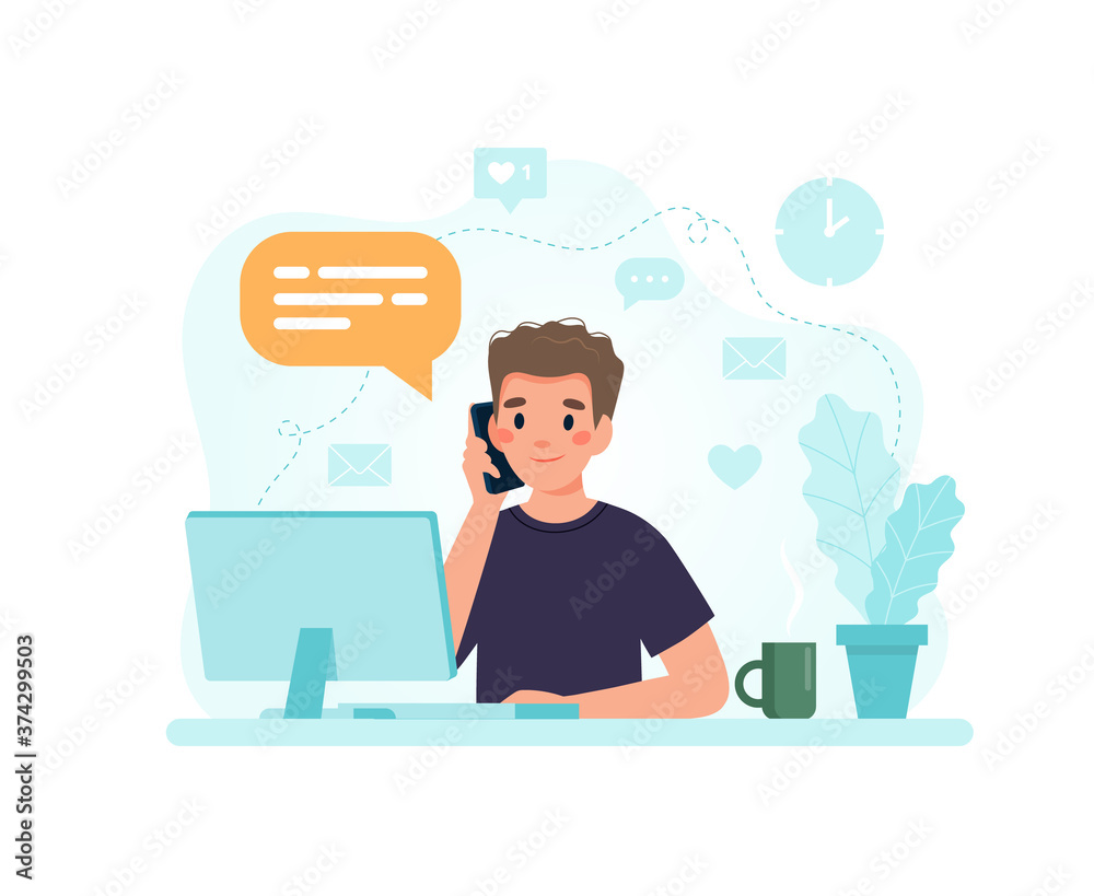 Man sitting at a desk with computer responding to a call. Vector illustration in flat style Man sitting at a desk with computer responding to a call. Vector illustration in flat style