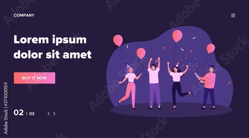 Cheerful friends having fun at birthday party. Happy people dancing with air balloons and confetti. Excited office girls and guys celebrating success together