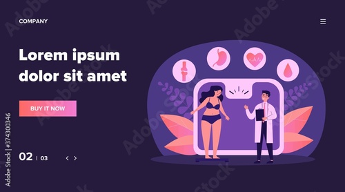 Doctor consulting overweight girl flat vector illustration. Cartoon tiny woman with diabetes standing on scales. Fat problem, health and obesity concept