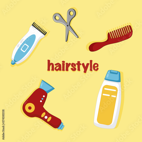 Hair styling. Hair dryer, comb, razor, scissors, shampoo.