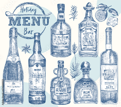 Set bottles Whiskey, rum, champangne, wine, tequila Vintage hand drawn sketch design bar, restaurant, cafe menu Realistic engraving style Creative template flyer, banner, poster Graphic vector art