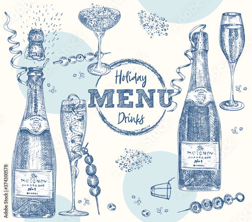 Set bottles Champagne, wine, wine glass, cocktail Vintage hand drawn sketch design bar, restaurant, cafe menu Realistic engraving style Creative template for flyer, banner, poster Graphic vector art