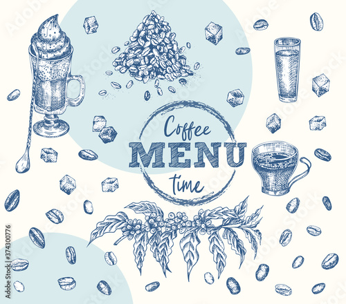 Coffee time. Cup, Mug, irish coffee, bean, liqueur, sugar Vintage hand drawn sketch design bar, restaurant, cafe menu Realistic engraving style Template for flyer, banner, poster Graphic vector art
