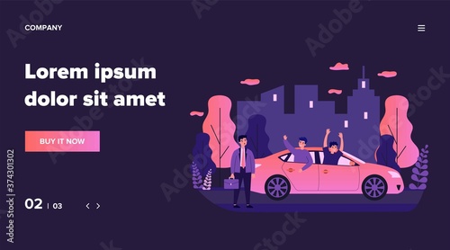 Businessman watching cheerful guys riding car. Vehicle, business and fun activity flat vector illustration. Work and leisure, city transport concept for banner, website design or landing web page