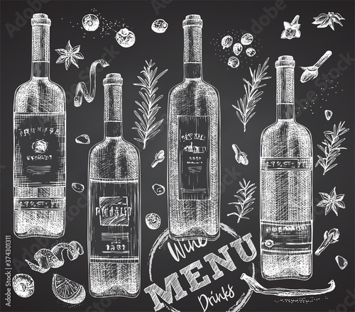 Set bottles red or white wine and christmas spices on black chalk board background Vintage hand drawn sketch design bar, restaurant, cafe menu, flyer, banner, poster engraving style Graphic vector art