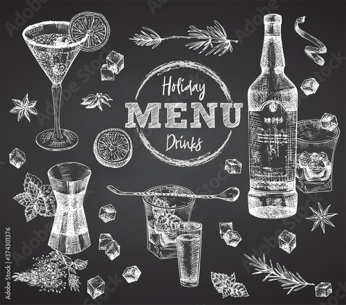 Set bottles Whiskey, vodka, cocktail, rosemary, mint citrus, ice, sugar on black chalk board background Vintage hand drawn sketch design bar, restaurant, cafe menu, flyer, banner, poster Vector art
