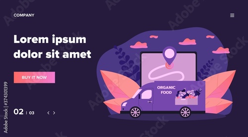 Courier van delivering fresh vegetables and fruits. Meal, GPS, food flat vector illustration. Delivery service and logistics concept for banner, website design or landing web page
