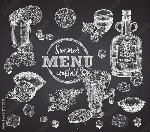 Set bottles Rum, glasses, bourbon, mint, lime, limon, ice on black chalk board background Vintage hand drawn sketch design bar, restaurant, cafe menu, flyer, banner, poster engraving style Vector art