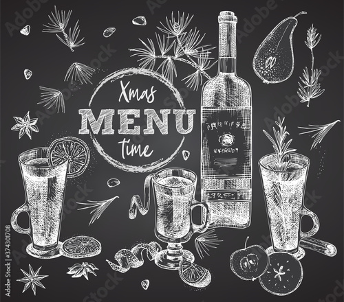 Set bottles red or white wine and christmas spices on black chalk board background Vintage hand drawn sketch design bar, restaurant, cafe menu, flyer, banner, poster engraving style Graphic vector art