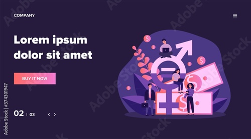 Employees gender salary equality. Business people with laptop working at cash and equal sign. Vector illustration for social respect, discrimination, diversity concept