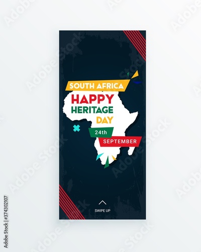 Happy South Africa Heritage Day - 24 September - social media story template with the South African flag colors and African continent on dark background. Celebrating African culture