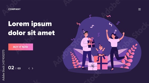Family celebrating first kid birthday. Young couple, toddler, gifts, confetti flat vector illustration. Baby party, childhood, fun concept for banner, website design or landing web page