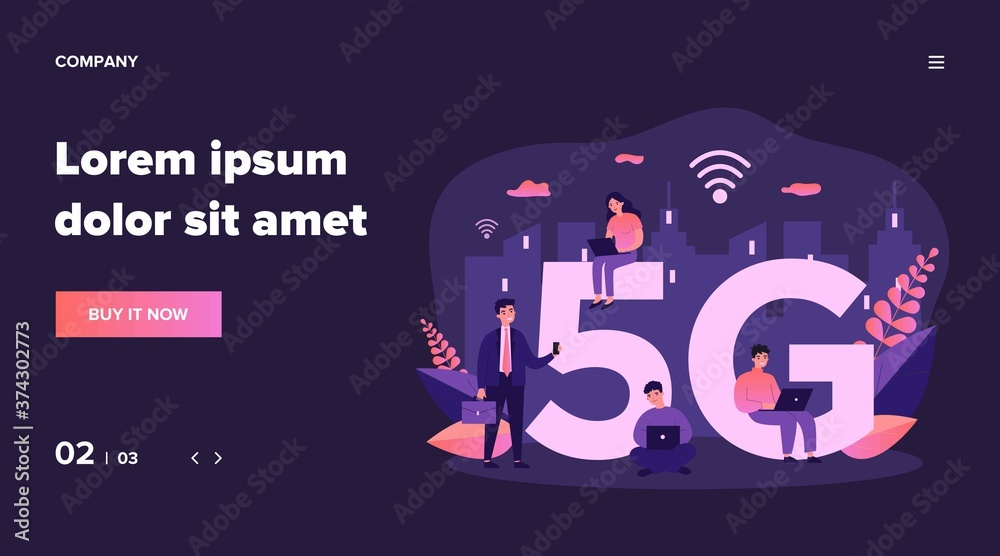 Devices users enjoying 5g city internet. People using smartphones and laptops. Can be used for communication, interaction, high speed wireless connection, telecom equipment, social network concept