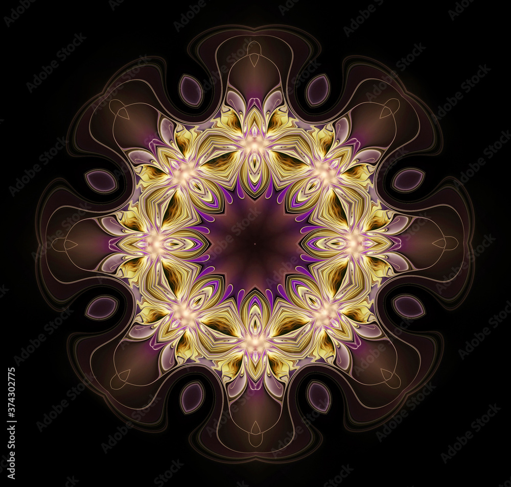 Abstract circular fractal pattern on a dark background. Kaleidoscope